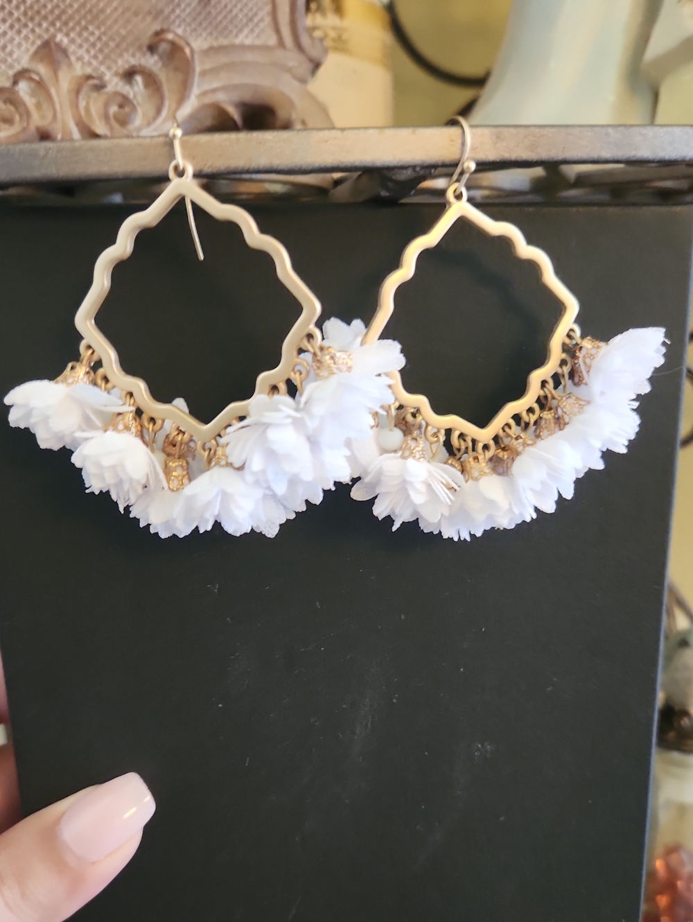 Gold Floral Hoop Dangle Earrings - White Flower Accents